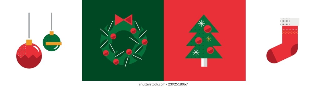 Weihnachtselemente im modernen, minimalistischen, geometrischen, modernen Stil. Farbige, flache Vektorgrafik-Style-Illustration. Weihnachtsbaum mit geometrischen Mustern, Sternen und abstrakten Elementen.
