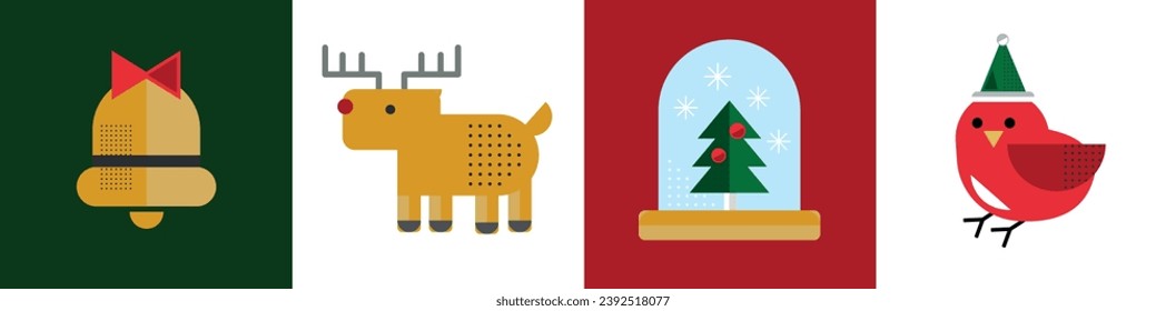 Christmas elements in modern minimalist geometric modern style. Colorful flat vector cartoon style illustration. Christmas tree with geometric patterns, stars and abstract elements.