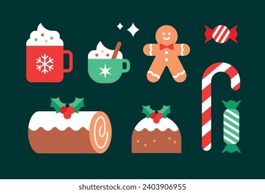 Christmas elements in modern minimalist geometric style. Colorful illustration in flat vector cartoon style. Christmas food with geometrical patterns.