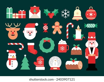 Christmas elements in modern minimalist geometric style. Colorful illustration in flat vector cartoon style. Xmas tree with geometrical patterns