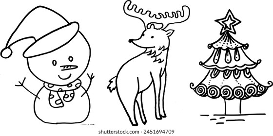 Navidad Elementos en estilo geométrico minimalista moderno. Ilustración en estilo de dibujos animados de Vector plano. Árbol de Navidad, muñeco de nieve y renos.