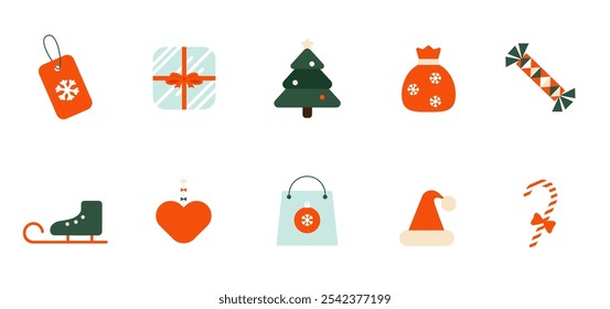 Elementos de Natal em estilo geométrico minimalista moderno. Trajes festivos, adesivos, elementos de design. Ilustração colorida em estilo de vetor plano.