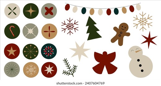 Christmas elements.Set of Christmas and New Year elements on a beige background. Christmas tree, sweets, decorations, snowman, and other festive 