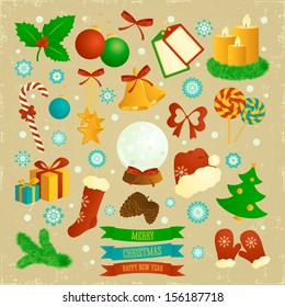 Christmas elements on the beige background. Retro style. Soft colors.