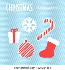 Christmas elements on blue knitted background. Vintage vector greeting card