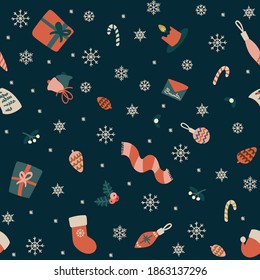 Elementos navideños sobre fondo oscuro. Patrón sin inconvenientes para papel pintado, sitios web, papel envolvente, para impresiones de moda, tela, diseño.