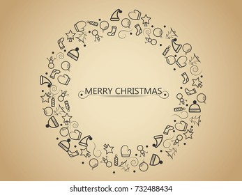 Christmas elements on gold background in circle form tree for wrapping, invitation card or other banners. Vector illustration EPS 10.