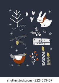 Elementos navideños en una postal: vela, regalo de Año Nuevo, bullfinch, ballesta, picor, agujas, nieve, luz, rosa salvaje, rama, berry, flor seca, corazones. Ideal para Año Nuevo y tarjetas de Navidad