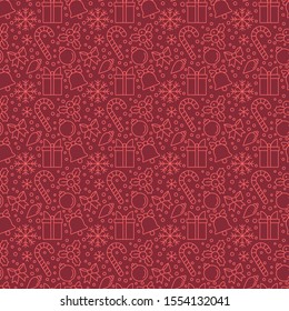 Christmas elements on red background.Seamless pattern for background, wallpaper, web sites,wrapping paper,for fashion prints, fabric, design.