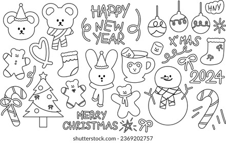 Christmas elements outline drawing including teddy bear, bunny, Xmas tree, snowman, stocking, ribbon, gingerbread man, candy cane and snow for winter sticker, decoration, tattoo, colouring book, print