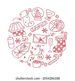 Christmas elements pattern. Outline stroke symbols on white background. Vector