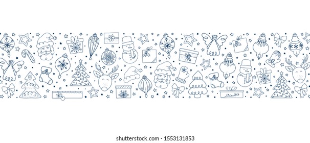 Christmas elements pattern with Santa Claus and friends. Hand drawn doddle and sketch vector illustration.