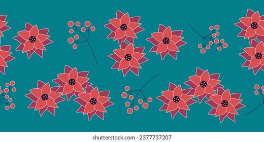 Christmas elements: Poinsettia and branches of red berries with white outline. Cartoon vector illustration for shop window design, wrapping paper, packaging. Seamless border.