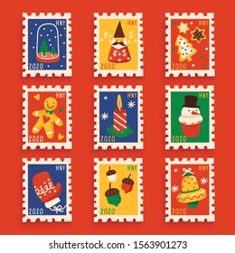 Christmas elements in postage stamps collection : Vector Illustration