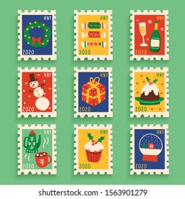 Christmas elements in postage stamps collection : Vector Illustration