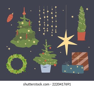 Christmas elements for postcard and invitation. Xmas tree and X-mas decoration. Gift boxes and wreath. Christmas lights 