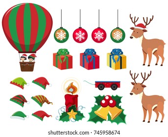 Elementos navideños con ilustraciones de regalos y renos