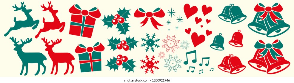 Christmas elements with reindeer, presents, bells, snowflakes, stars, hearts, mistletoe