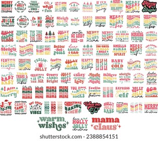 Christmas elements in retro style. Colorful illustration in vector cartoon style. Holiday festive messages