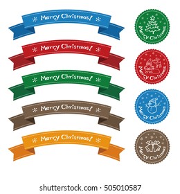 Christmas elements, ribbon and sticker design (Santa Clause, Christmas tree, reindeer, snowman, bell, Christmas stocking, candle, holly, candy cane and gift)