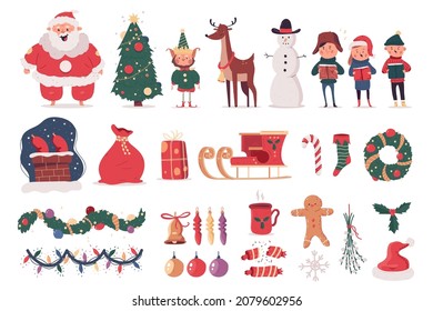 Christmas elements with Santa Claus, carols choir, reindeer, tree, cracker, elf, sleigh, garland and others vector cartoon set isolated on a white background.