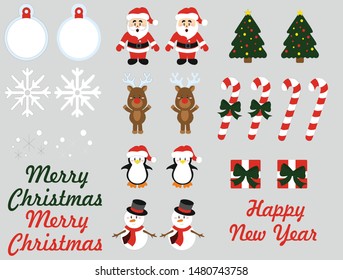 christmas elements (santa claus, christmas tree, penguin, snowman, deer, snowflakes, gifts, lettering)