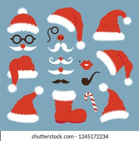 Christmas elements for Santa – red hats with fluffy fur pompons, boots, moustache, glasses, lips, noses, pipe, candy. Isolated symbols of New Year holiday for stickers, cards, greetings and surprises