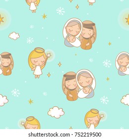 Christmas elements seamless pattern with Angel Mary Joseph and Jesus.