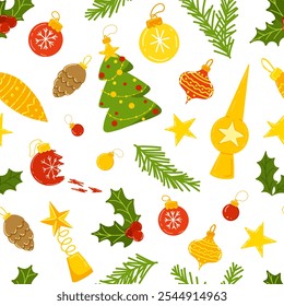 Christmas elements seamless pattern. Christmas background with Christmas tree toys, presents. Vector hand drawn print isolated on white background. Illustration for printing, packaging, wrapping paper