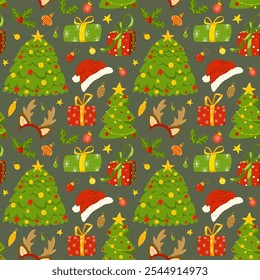 Christmas elements seamless pattern. Christmas background with Christmas tree and toys, presents. Vector hand drawn print isolated on dark background. Illustration for printing, packaging, wrapping