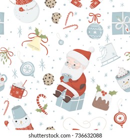 Christmas elements seamless pattern. Bright and cute penguins, christmas tree, snowman, cup of hot chocolate, fox and other in red blue colors Traditional design. Vector illustration