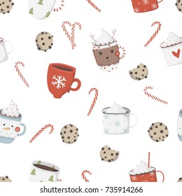 Christmas elements seamless pattern. Cookies and cocoa in cute cozy cups.Traditional design. Vector illustration.