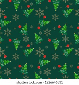 Christmas elements seamless pattern of cute Christmas tree with Christmas ball and snowflakes on green background. Design for winter holidays greeting season wrapping papers etc. Vector illustration.