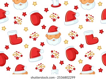 Christmas elements seamless pattern, with cute cartoon design style in white background