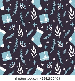 Christmas elements seamless pattern with gift box, floral, candy. Hand drawn style illustration. Winter holiday background for wallpaper, textile, fabric design.