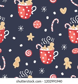 Christmas elements seamless pattern with gingerbread cookies and cocoa. Traditional design. Vector illustration.