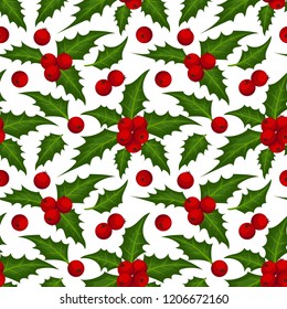 Christmas elements seamless pattern of holly leaves and berries ornate on white background. Design for winter holidays greeting season wrapping papers etc. Vector illustration