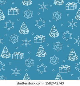 Christmas elements seamless pattern on colored background.