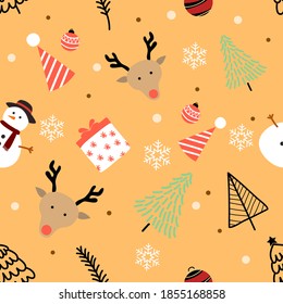 Christmas elements seamless pattern on yellow background for fashion print, gift wrapping, wallpaper etc.