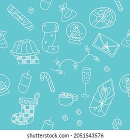 Christmas elements seamless pattern. Outline stroke symbols on blue background