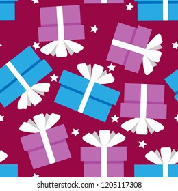 Christmas elements seamless pattern of pink and blue color gift boxes with white ribbons and stars. Design for winter holidays greeting season wrapping papers etc. Vector illustration