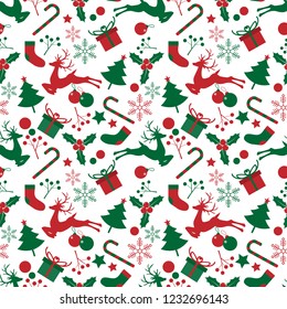 Christmas elements seamless pattern of reindeer with Christmas tree, holly berries branches, candy cane, gift box, Christmas ball, star and snowflakes in red and green color on white background. 