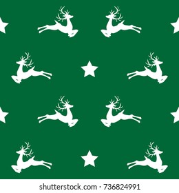 Christmas elements seamless pattern of reindeer with star on green background. Design for winter holidays season, Xmas and New Year. Vector illustration.
