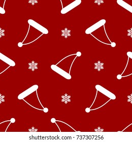 Christmas elements seamless pattern of Santa hat and snowflakes on red background. Design for Xmas and winter holidays season. Vector illustration.