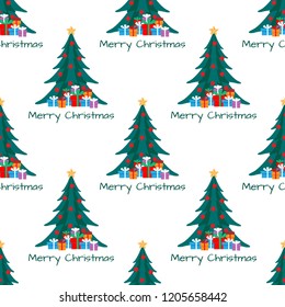 Christmas elements seamless pattern of Christmas tree with Christmas balls, stars and  gift box with Merry Christmas text on white background. Design for winter holidays greeting season wrapping paper