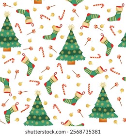 Christmas elements seamless pattern. Christmas tree, bell, sock, lollipop and candy cane. Vector illustration