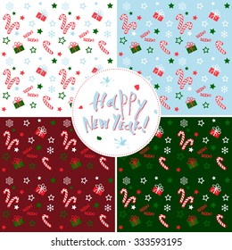 Christmas elements seamless pattern. Vector illustration background with Happy New Year quote label.