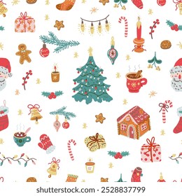 Christmas elements seamless pattern. Vintage Christmas decoration, fir tree, Santa, ginger bread and ugly sweater on white background. Cozy winter wallpaper. 