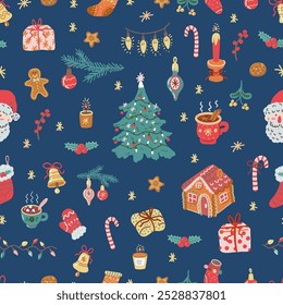 Christmas elements seamless pattern. Vintage Christmas decoration, fir tree, Santa, ginger bread and ugly sweater on blue background. Cozy winter wallpaper. 