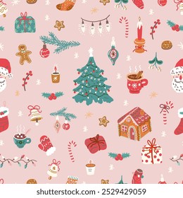 Christmas elements seamless pattern. Vintage Christmas decoration, fir tree, Santa, ginger bread and ugly sweater on pink background. Cozy winter wallpaper. 